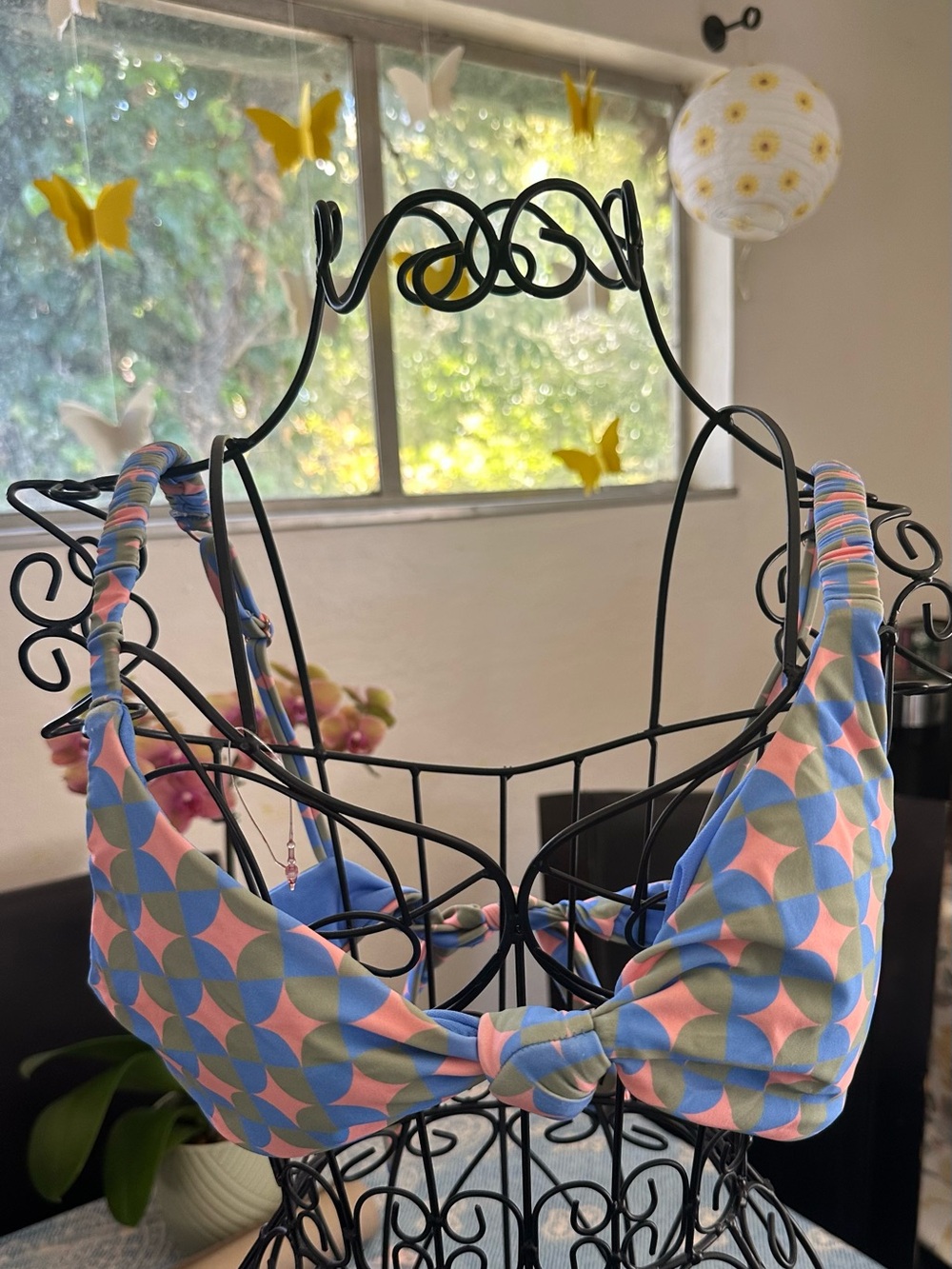 Raisins Pastel Geo Print Bikini Top in Blue, Pink, Green